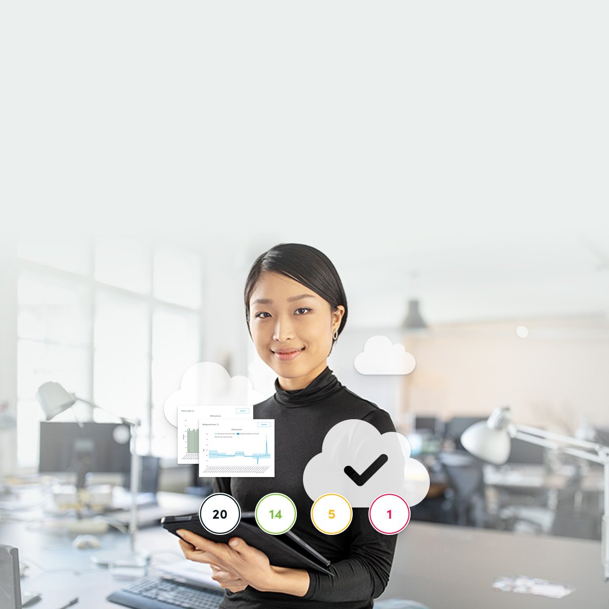 User accessing Nureva Console to monitor and manage connected audio devices with cloud‑based dashboards, status indicators and system health metrics in a modern office environment.