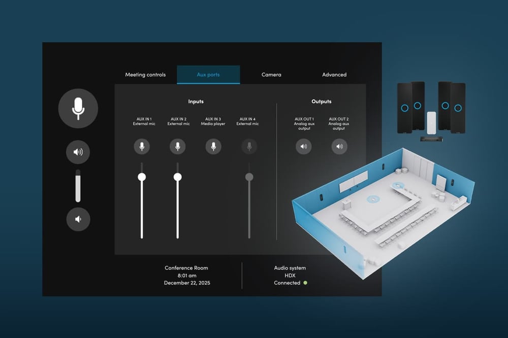 Nureva HDX room control screen on the Aux ports tab with four inputs and two outputs, beside a 3D render of a room with U-shaped seating.