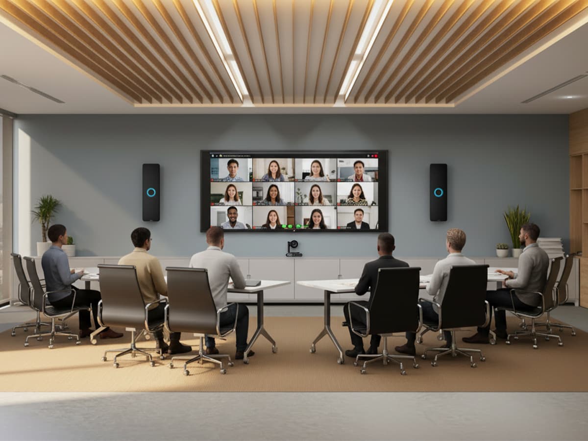Large meeting room with wall display showing remote participants for immersive hybrid collaboration
