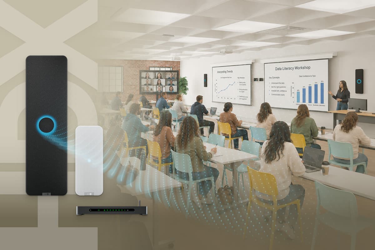 Nureva HDX components in black and white with system hub, beside a hybrid university classroom with remote students on screen.