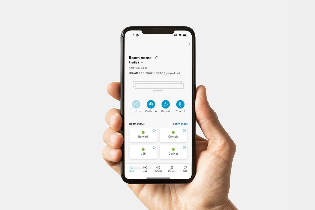 Nureva App home screen on a smartphone showing room status for network, console, USB and connected devices.