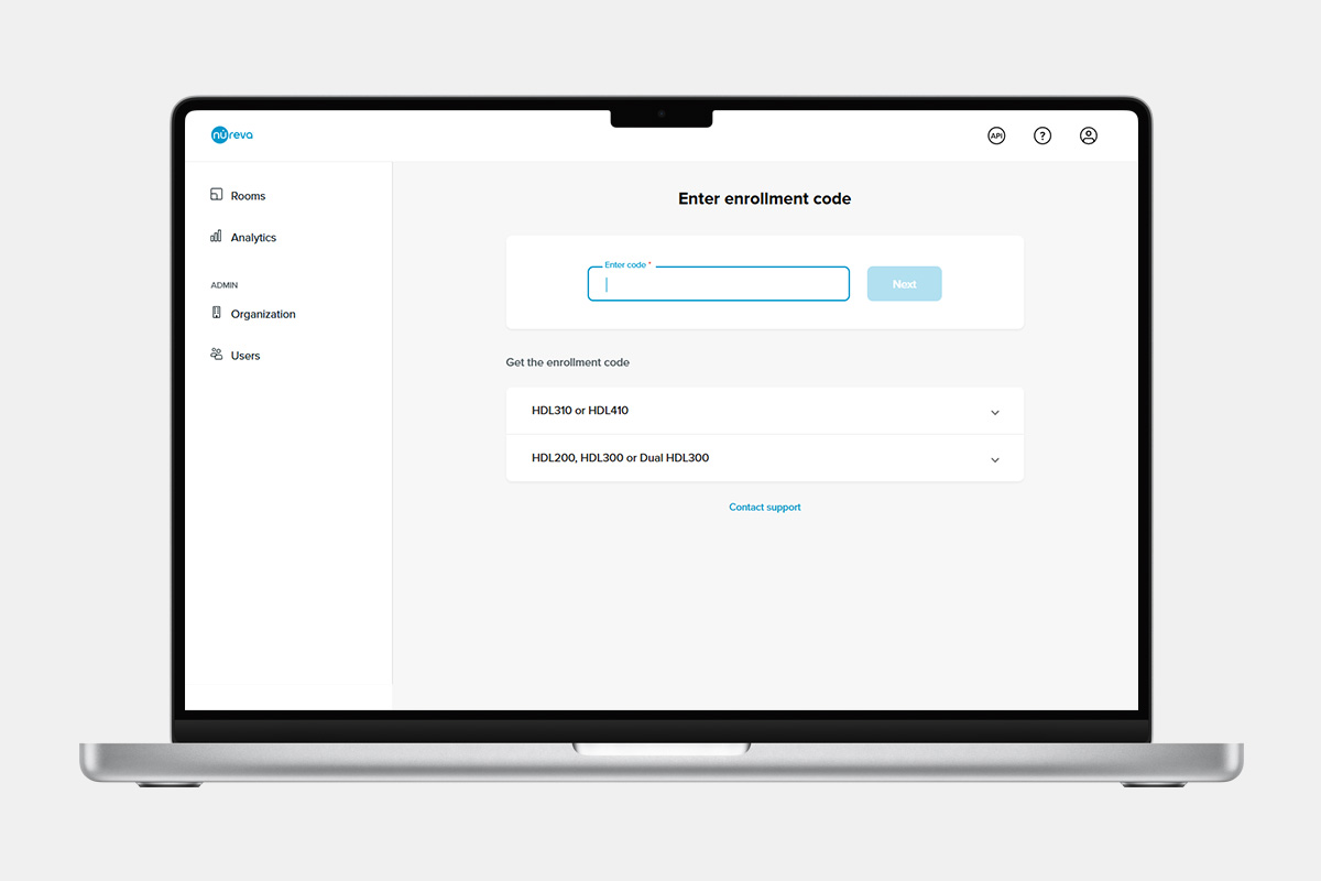 Nureva Console enrollment screen prompting entry of a device enrollment code with HDL system options.