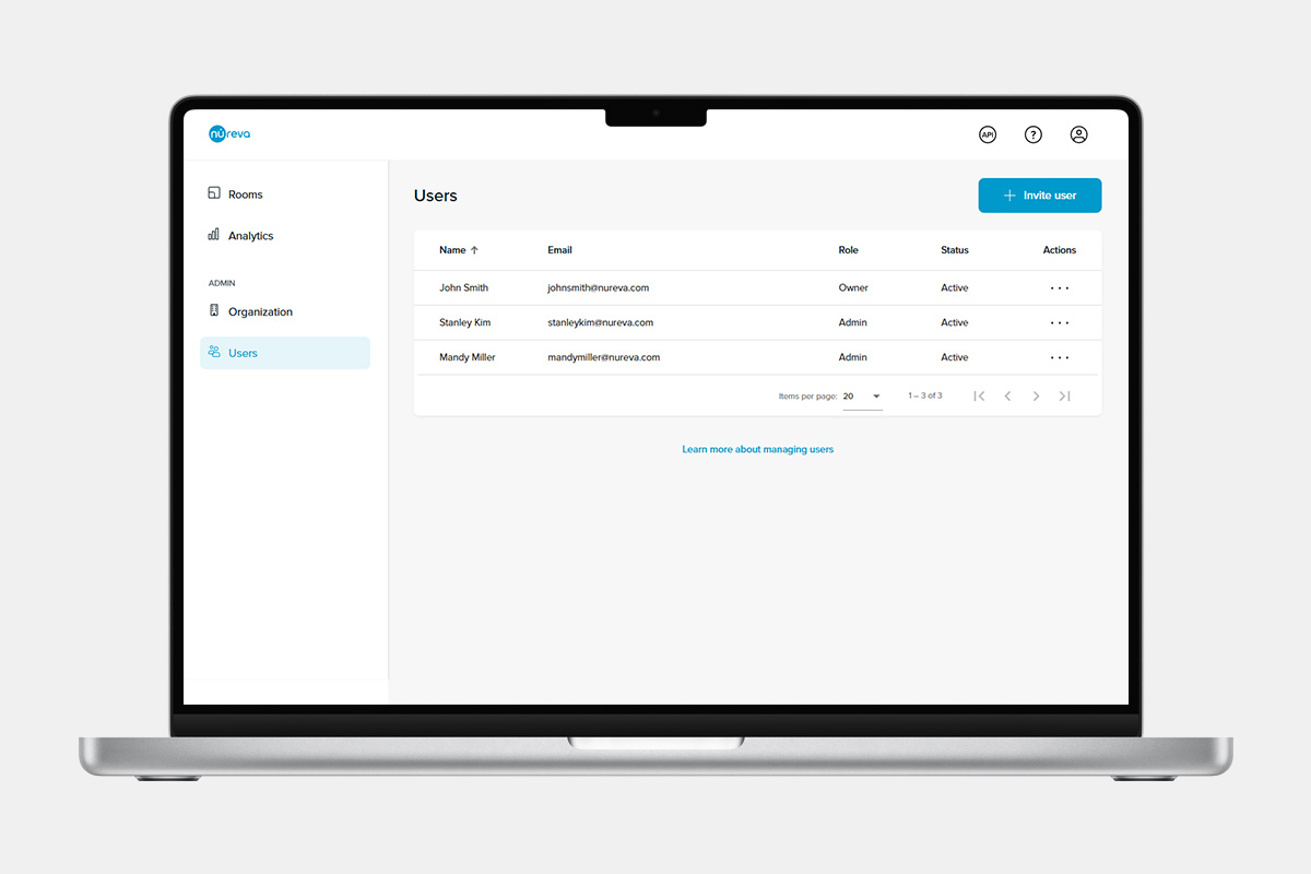 Nureva Console users page listing team members with email, role and status, plus an invite user button.