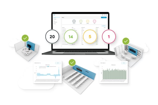 Nureva Console dashboard on a laptop with floating illustrations of meeting rooms, devices and acoustic charts.