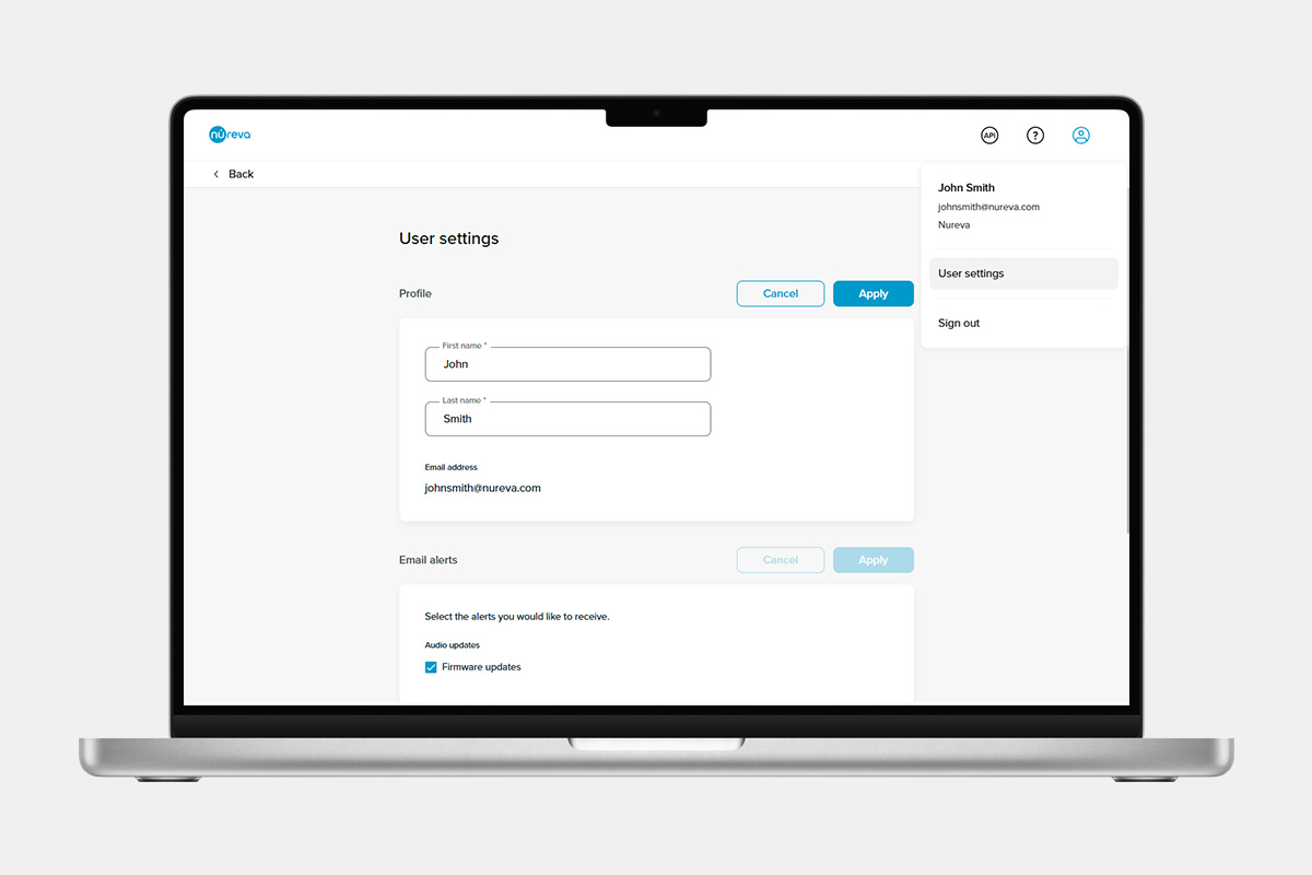 Nureva Console user settings page with profile name and email fields and email alert preferences.