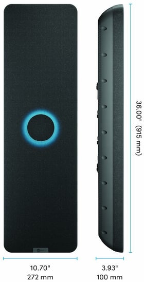Nureva HDX audio bar shown from front and side views, measuring 36.00 inches (915mm) tall, 10.70 inches (272mm) wide, and 3.93 inches (100mm) deep, with a glowing blue ring indicator on the front panel. Nureva HDX audio bar shown from front and side views, measuring 36.00 inches (915mm) tall, 10.70 inches (272mm) wide, and 3.93 inches (100mm) deep, with a glowing blue ring indicator on the front panel.