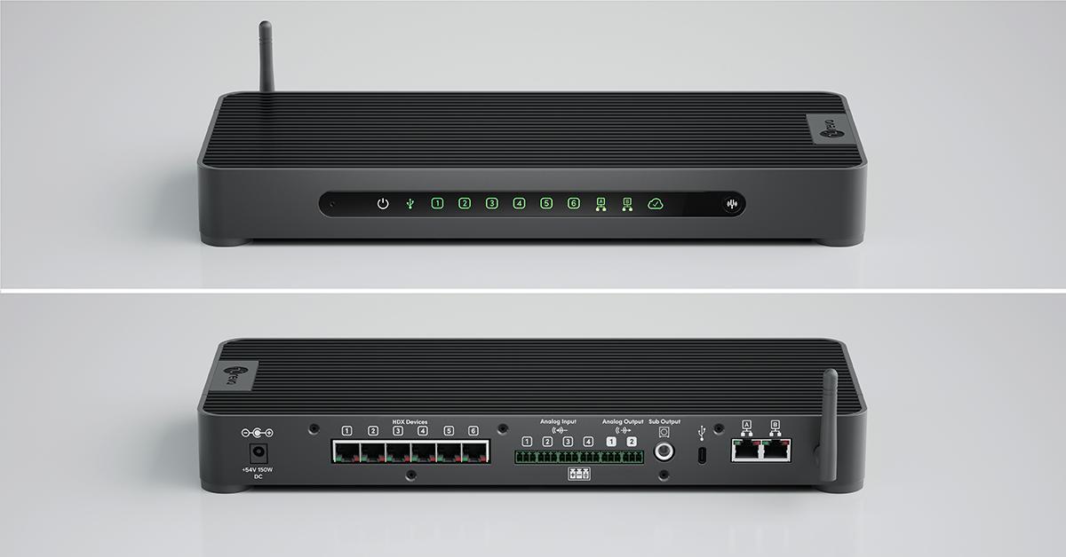 Nureva HDX system hub unit stacked together shown in a three-quarter angle view, displaying front and rear panel connectivity options.