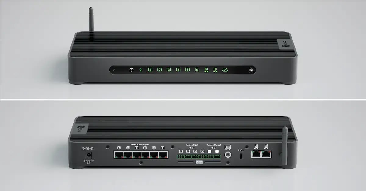Nureva HDX system hub unit stacked together shown in a three-quarter angle view, displaying front and rear panel connectivity options.