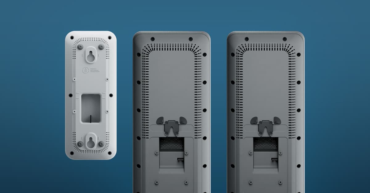 Nureva HDX audio bars and microphone pod from the back to show easy installation options for vertical, horizontal and VESA mounting.