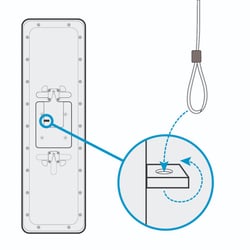 Rear view of the Nureva HDX audio bar with a close-up showing how to route the Ethernet cable through the mounting channel.
