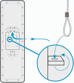 Rear view of the Nureva HDX audio bar with a close-up showing how to route the Ethernet cable through the mounting channel.