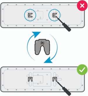 Diagram showing how to rotate the Nureva HDX audio bar mounting clips into the correct orientation for horizontal installation, with an incorrect (X) and correct (check) position.
