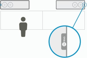 Person standing in front of a wall-mounted Nureva HDX audio bar installed in horizontal orientation, with a close-up of the logo placement.