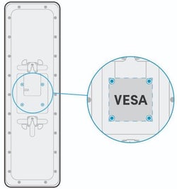 Rear view of the Nureva HDX audio bar with a close-up callout of the VESA mounting pattern. Rear view of the Nureva HDX audio bar with a close-up callout of the VESA mounting pattern.