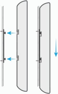 Side-view diagram showing the Nureva HDX audio bar being lowered onto its wall mount bracket.