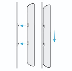 Side-view diagram showing the Nureva HDX audio bar being lowered onto its wall mount bracket.