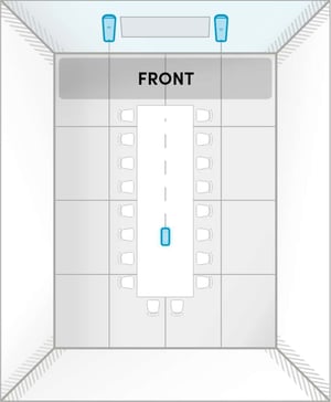 Room layout of HDX 2 bar + 1 pod layout A: a 35 ft by 40 ft room with short wall front, two audio bars beside the display and a center microphone pod for boardroom seating.
