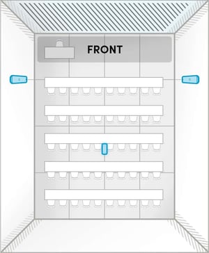 Room layout of HDX 2 bar + 1 pod layout B: a 35 ft by 40 ft classroom with short wall front, two side-mounted audio bars and a center microphone pod prioritizing front speech pickup for rows of seating.