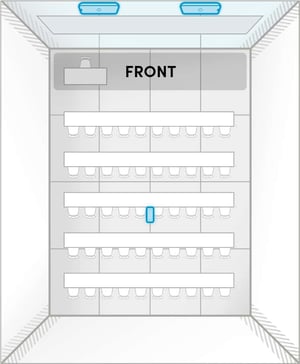 Room layout of HDX 2 bar + 1 pod layout C: a 35 ft by 40 ft classroom with short wall front, two horizontally placed front audio bars and a center microphone pod for rows of seating.
