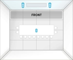 Room layout of HDX 2 bar + 1 pod layout D: a 35 ft by 40 ft meeting room with long wall front, two audio bars beside the display and a center microphone pod over the table.