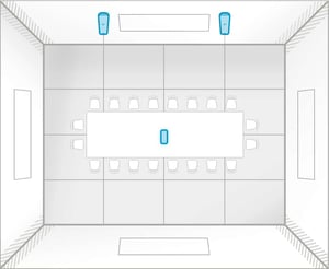 Room layout of HDX 2 bar + 1 pod layout E: a 35 ft by 40 ft meeting room with no defined front, two audio bars and a center microphone pod for full-room coverage around the table.