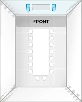 Room layout of HDX 2 bar layout A: a 30 ft by 30 ft meeting room with the short wall as front, showing two Nureva HDX audio bars mounted on either side of the display.