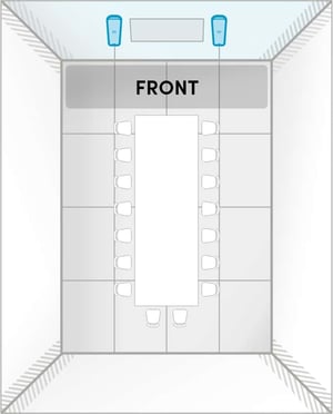 Room layout of HDX 2 bar layout A: a 30 ft by 30 ft meeting room with the short wall as front, showing two Nureva HDX audio bars mounted on either side of the display.