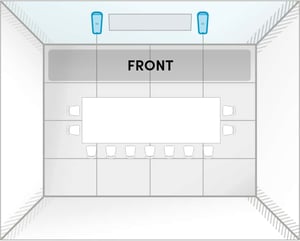 Room layout of HDX 2 bar layout B: a 30 ft by 30 ft meeting room with the long wall as front, showing two Nureva HDX audio bars mounted on either side of the display.