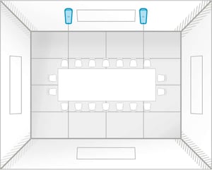 Room layout of HDX 2 bar layout C: a 30 ft by 30 ft meeting room showing two Nureva HDX audio bars mounted on either side of the display with seating on all sides.
