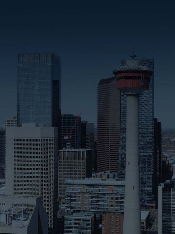 Aerial view of Calgary downtown skyline featuring the Calgary Tower, representing the Nureva HDX on Tour stop in Calgary.