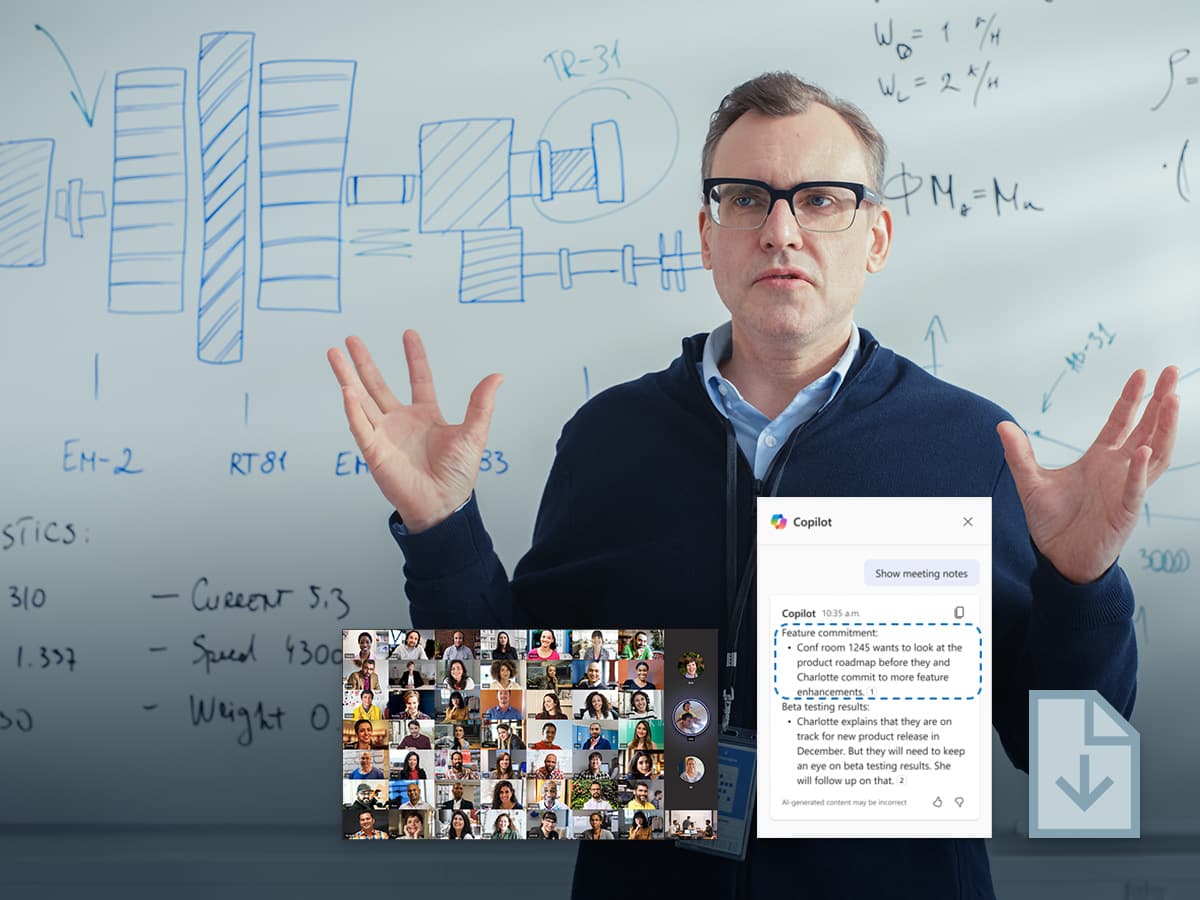Education instructor standing at a whiteboard with engineering diagrams leading a hybrid session, with Microsoft Copilot generating AI meeting notes and a large remote audience displayed on screen.