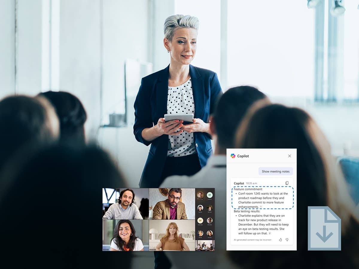 Presenter leading a hybrid meeting with Microsoft Copilot AI generating meeting notes and summaries for remote participants.