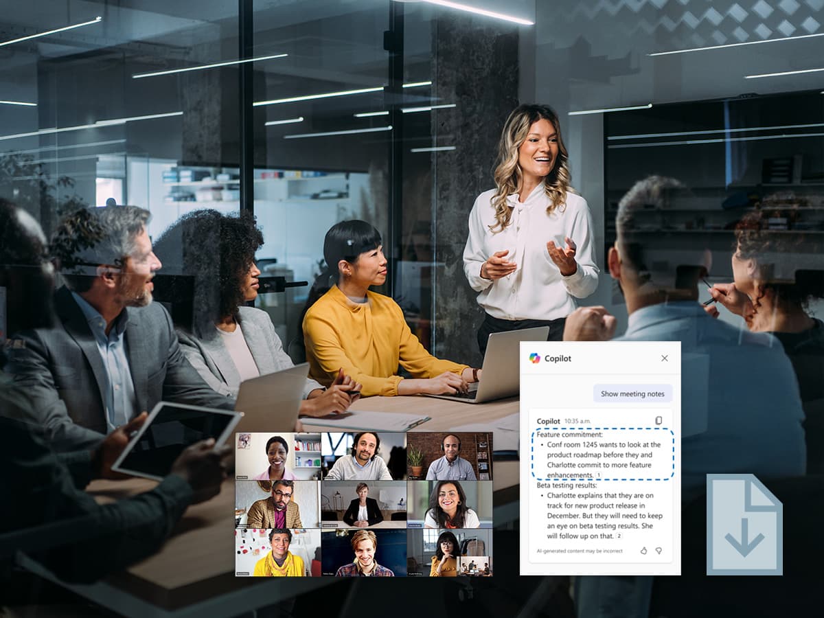 Corporate team in a glass-walled office with a presenter speaking to in-room colleagues, while Microsoft Copilot generates AI meeting notes and remote participants join via video.