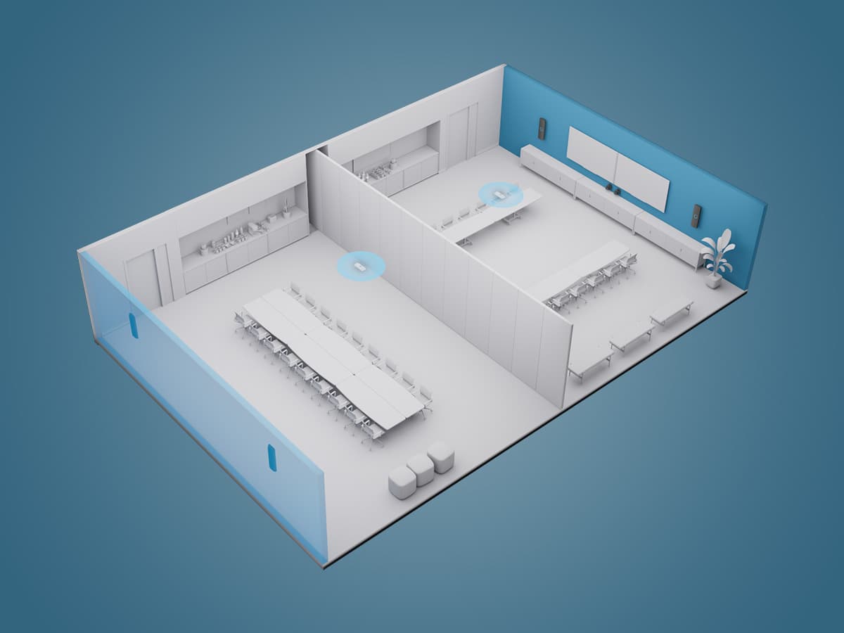 3D diagram of a Nureva- audio quipped flexible open workspace with multiple collaboration zones and movable room dividers.