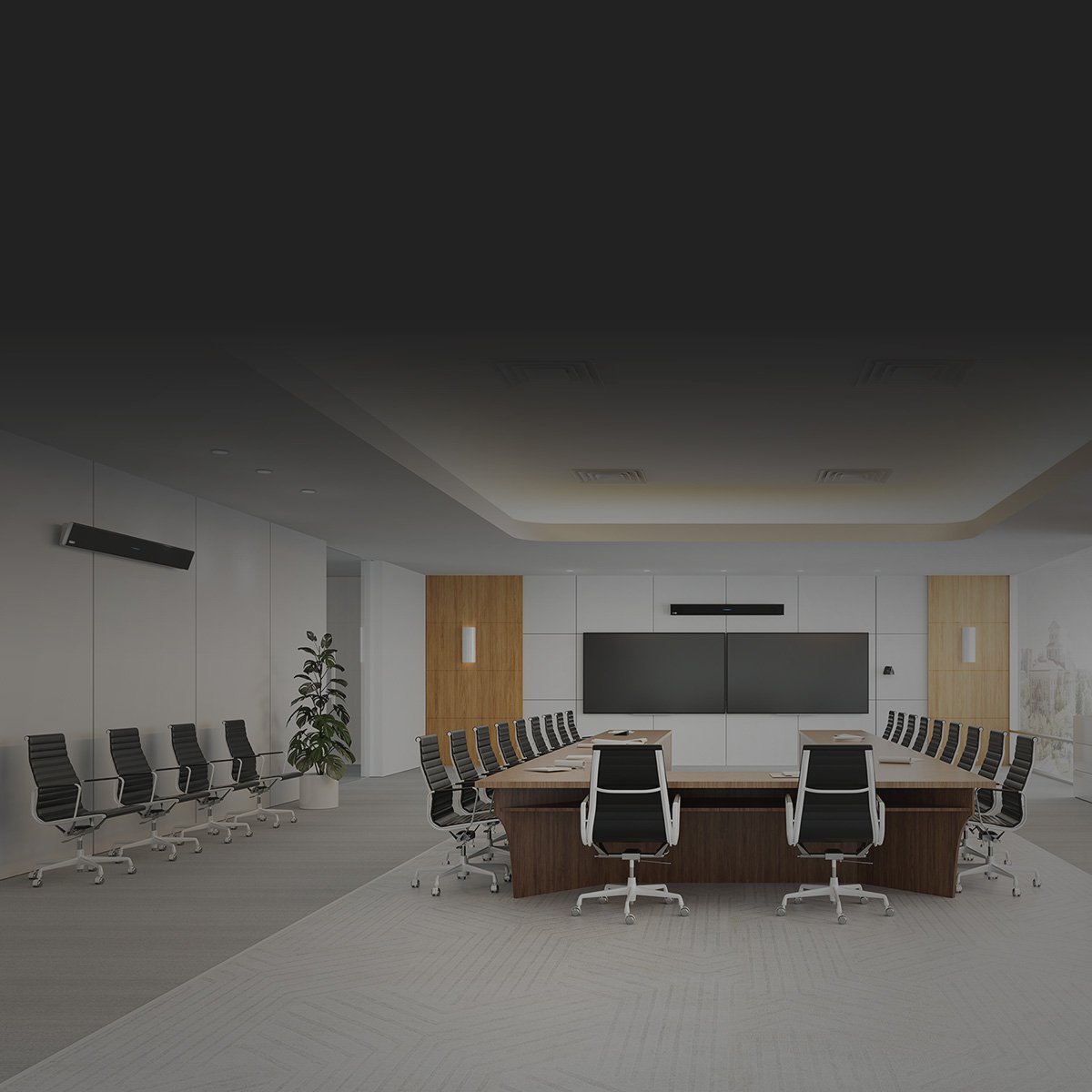 Extra-large corporate meeting room with Nureva HDL audio conferencing system, dark-themed ambiance and dual display wall.