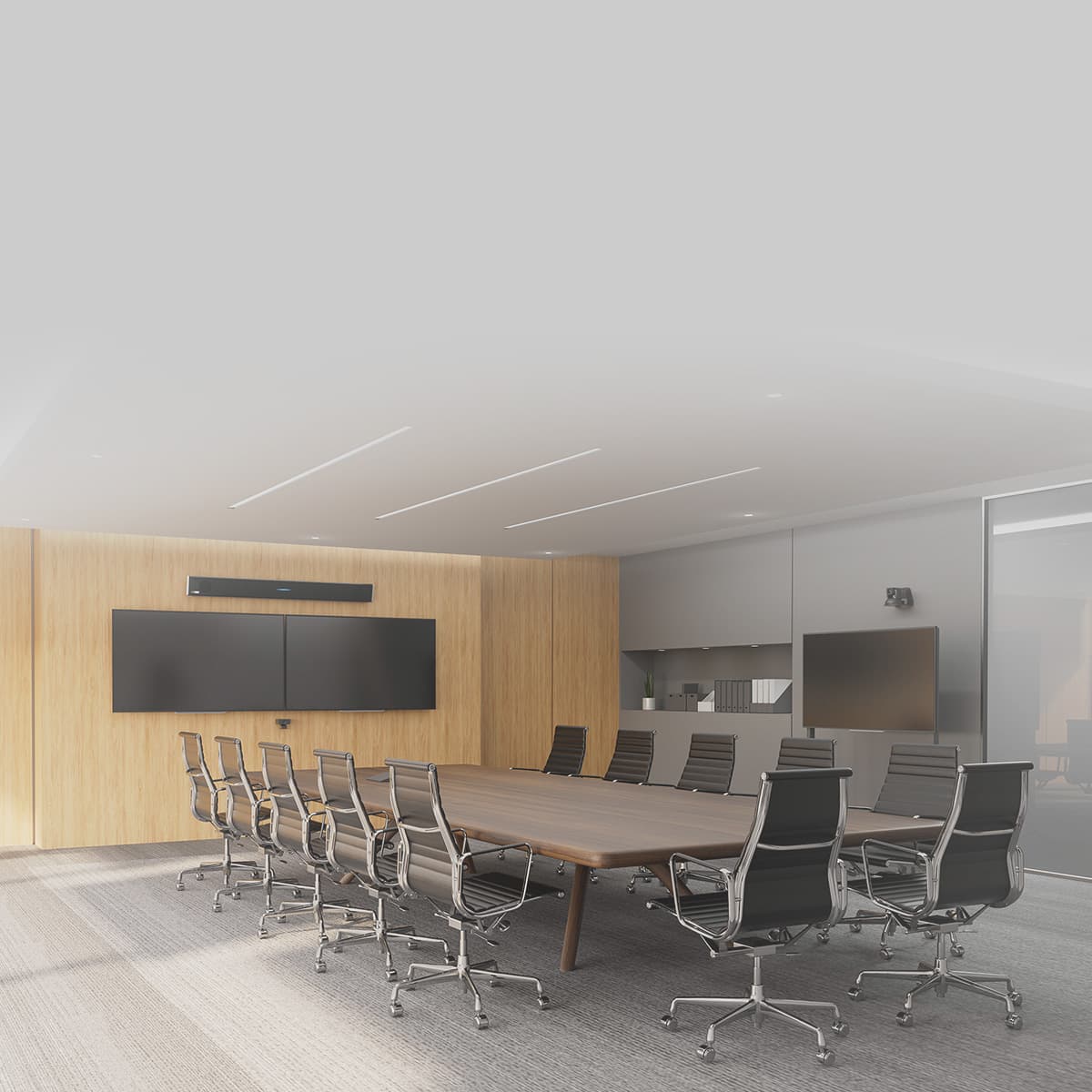 Professional large boardroom with Nureva HDL audio conferencing system and dual video displays.