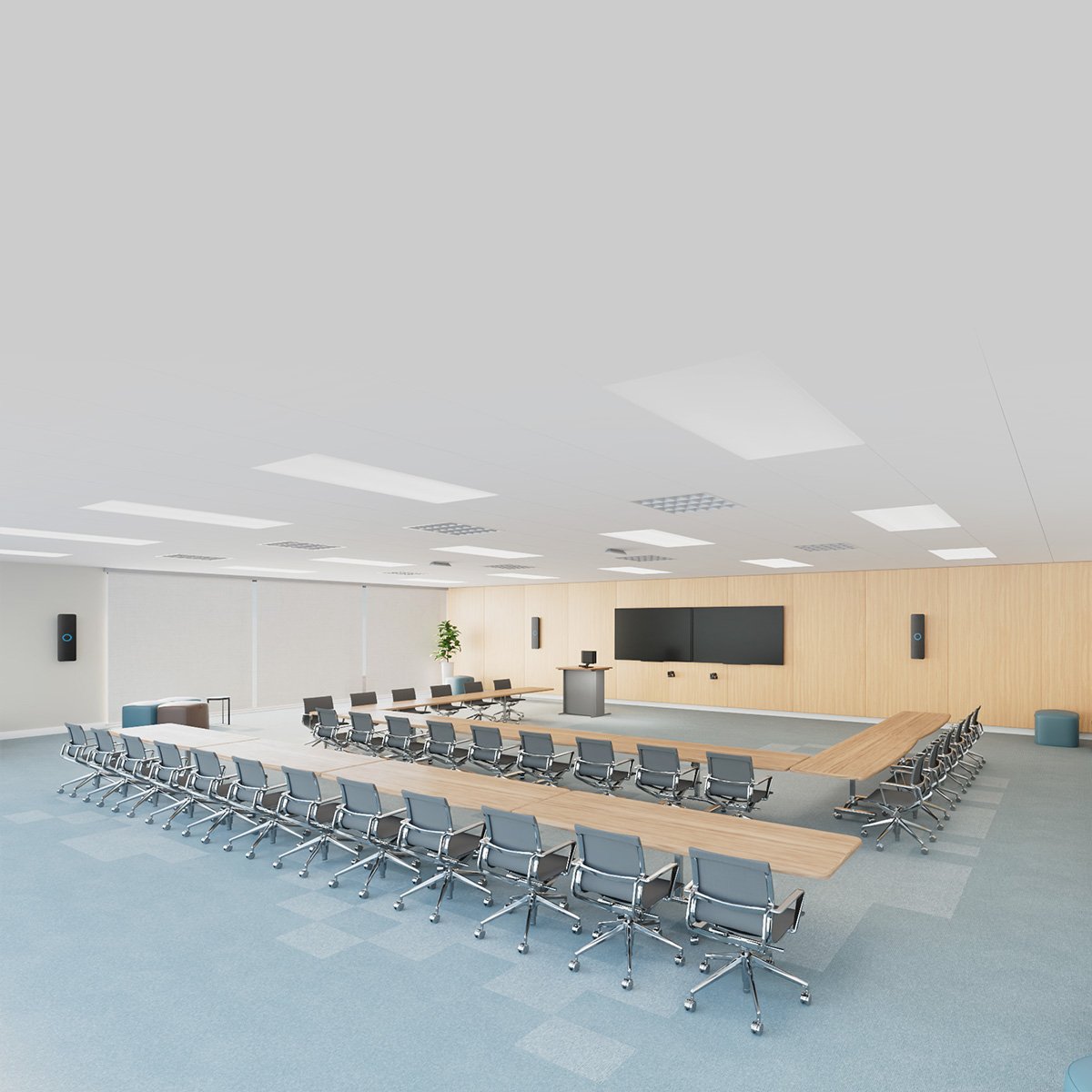 Modern corporate training room with Nureva HDX audio bars installed for hybrid meeting and learning collaboration.