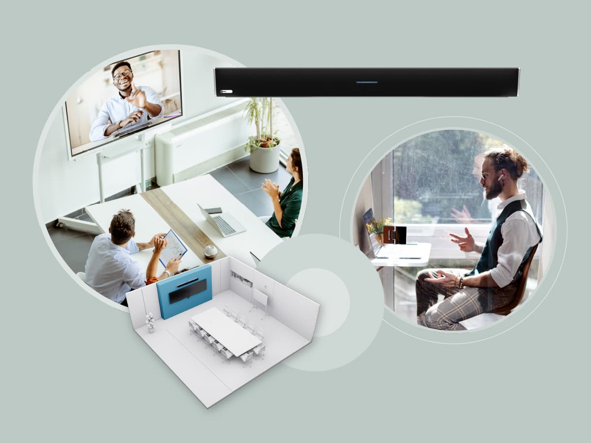 Composite image showing a small hybrid meeting room with in-person and remote participants connected via Nureva audio conferencing.