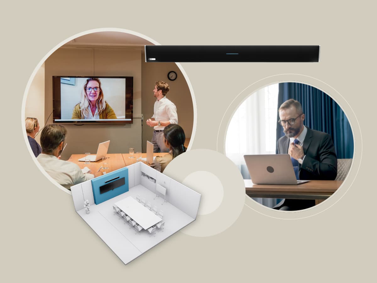 Composite image of a hybrid corporate meeting with in-room participants and a remote colleague on screen via Nureva audio.