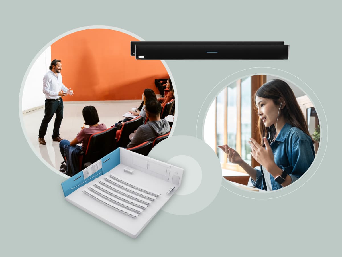 Composite image of an instructor delivering a HyFlex class to in-room students and a remote learner joining by Nureva audio.