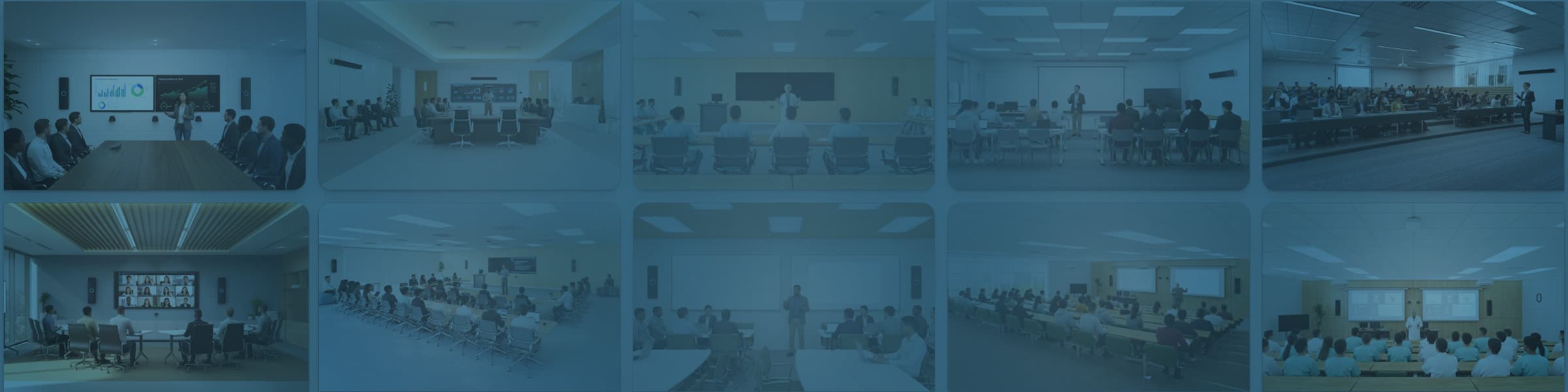 Wide hero banner showing a collage of Nureva-equipped meeting rooms, training rooms and classrooms across business and education industries with blue overlay.