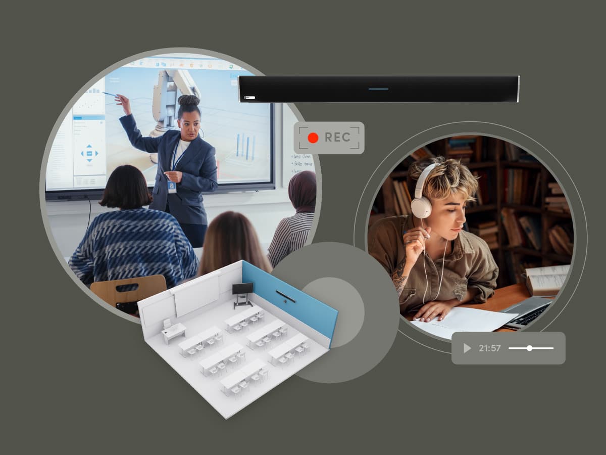 Composite image showing an instructor recording a lecture with Nureva audio and a student watching the captured content remotely.