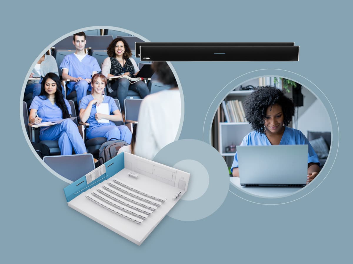 Composite image showing medical students in a training session and a nurse joining remotely via Nureva audio conferencing.