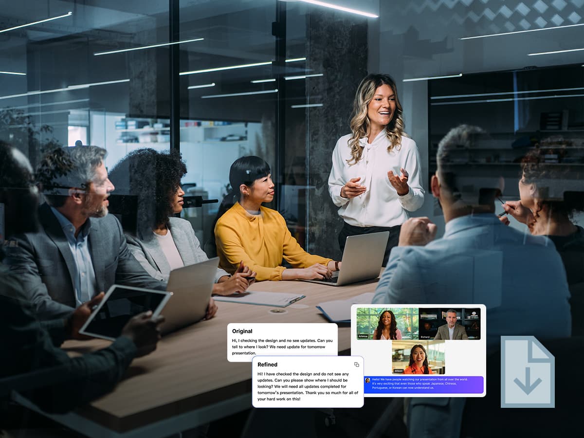 Corporate team in a glass-walled office with a presenter speaking to in-room colleagues, while Zoom generates AI meeting notes and remote participants join via video.