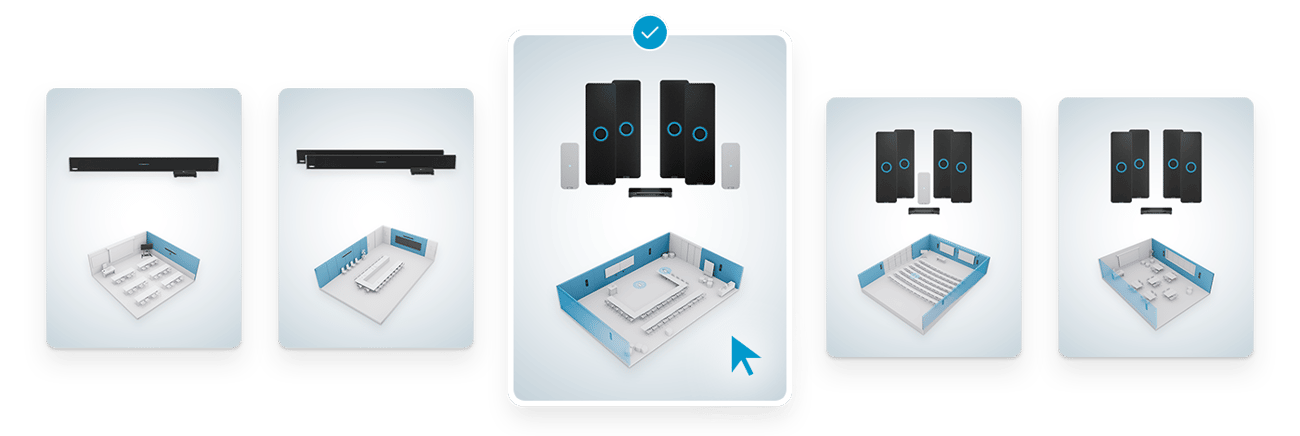 Nureva product selector showing multiple HDL and HDX series options, with one configuration highlighted and displaying included components for the HDX 4 bar + 2 pod system.