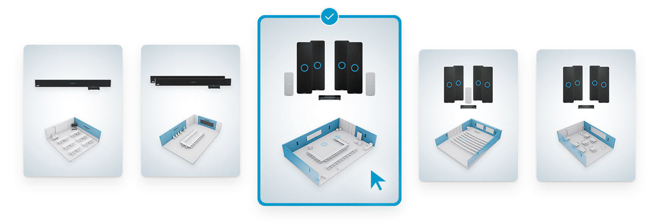 Nureva product selector showing multiple HDL and HDX series options, with one configuration highlighted and displaying included components for the HDX 4 bar + 2 pod system.