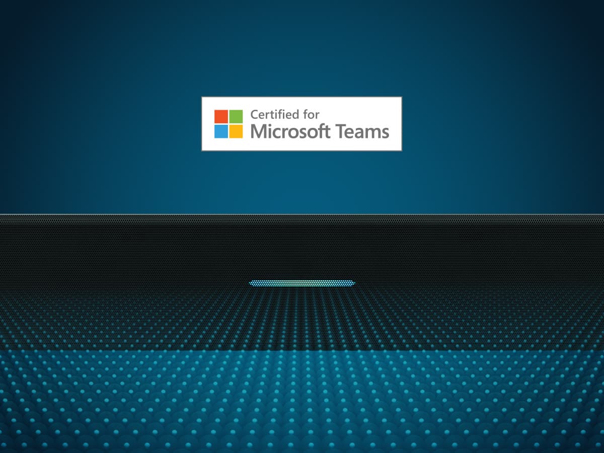 Close-up of a Nureva microphone and speaker bar against a dark blue dotted background with the Microsoft Teams Certified badge prominently displayed above, indicating certification for Microsoft Teams Rooms.