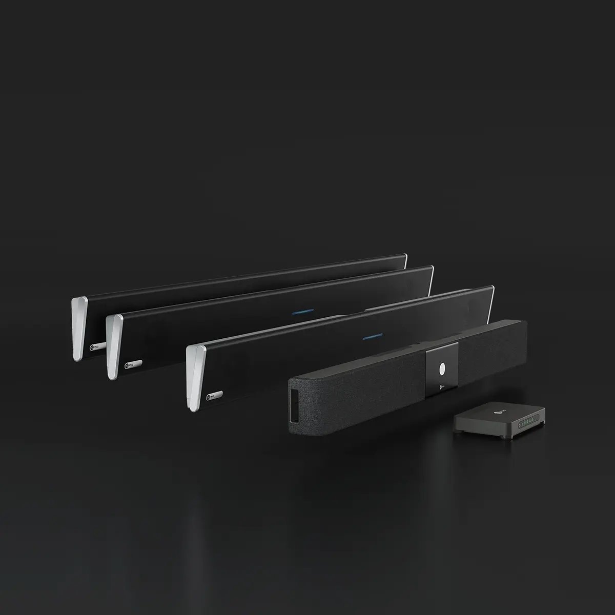 Nureva HDL series systems with four black audio bars, and a system hub for large meeting spaces.
