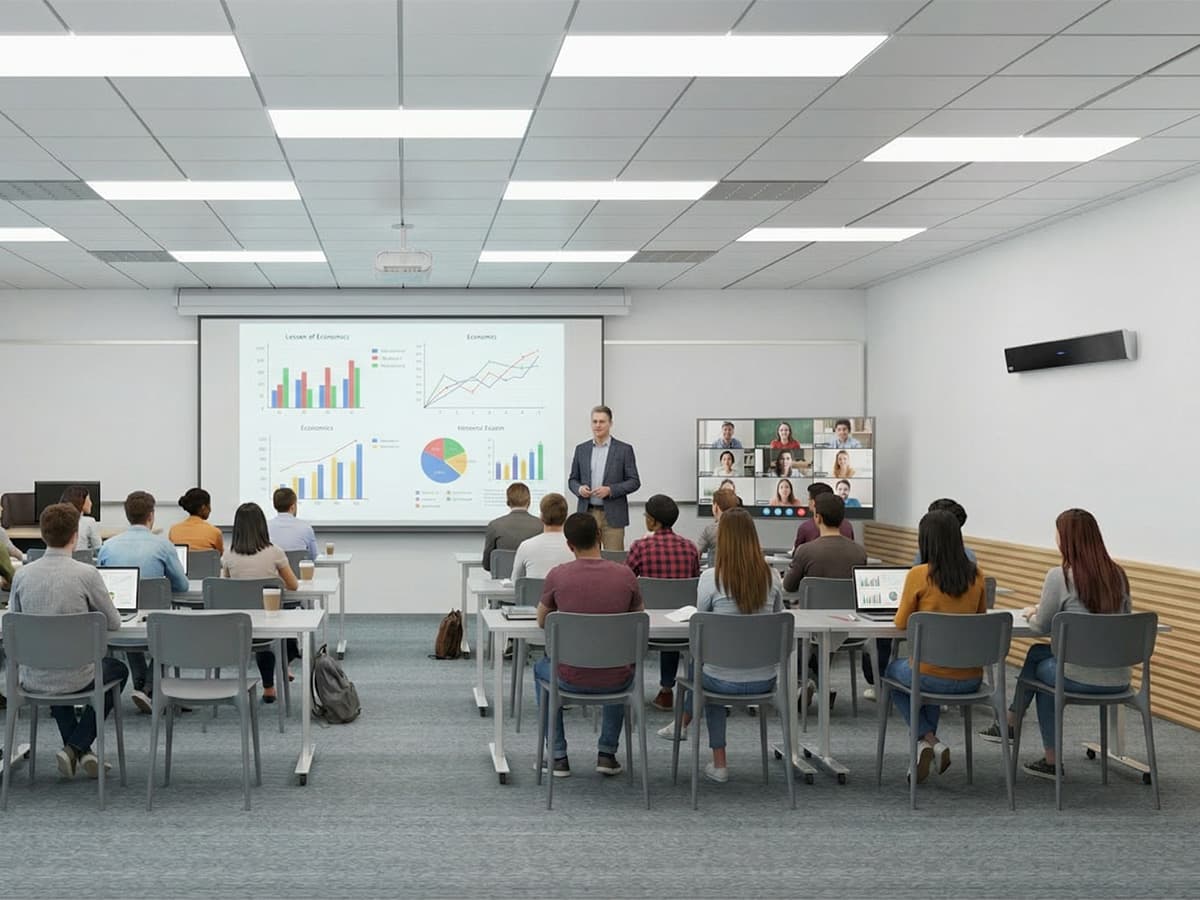 University classroom with students seated at desks and an instructor presenting at the front, with a Nureva HDL310 audio conferencing system mounted on the side wall. A secondary screen shows remote participants joining via video conference, illustrating hybrid learning capabilities.
