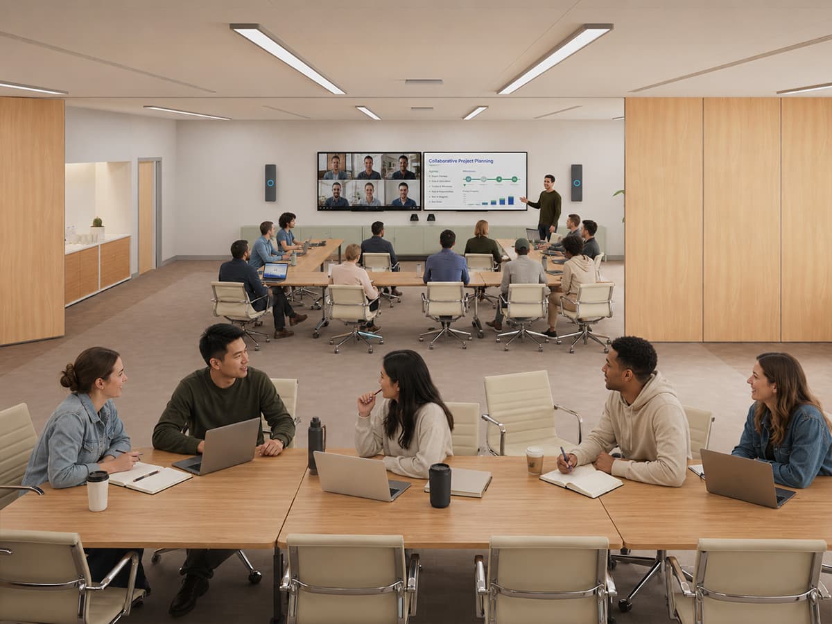 Two groups using separate areas of a divisible learning space equipped with Nureva HDX audio bars